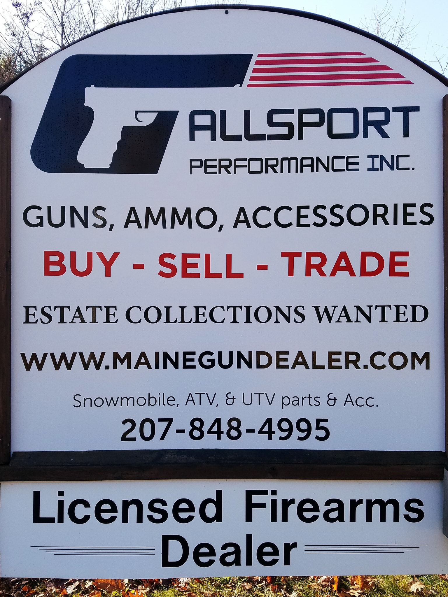 Allsport Performance Maine Gun Dealer Gun Shop Bog Road Hermon, Maine Sign
